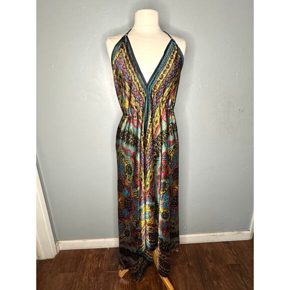Vibrant Multicolor V-Neck Maxi Dress – Boho Style, Made in India -One Size - Picture 1 of 14